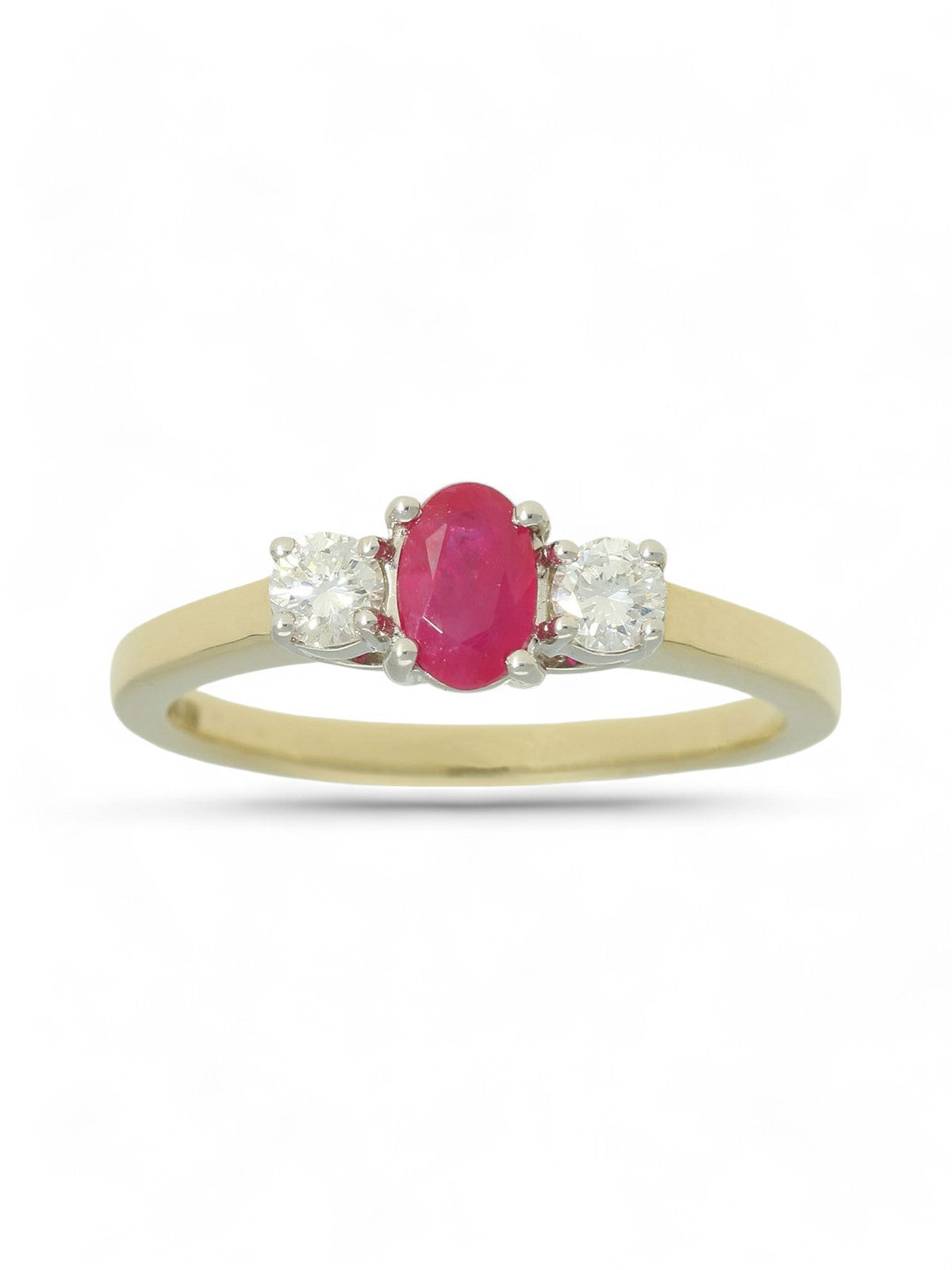 Ruby & Diamond Three Stone Ring in 9ct Yellow Gold