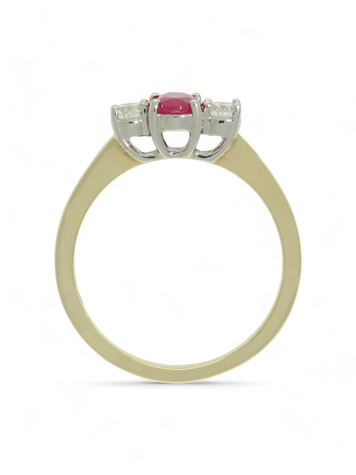 Ruby & Diamond Three Stone Ring in 9ct Yellow Gold