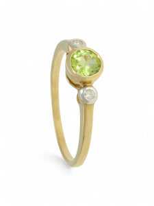 Peridot & Diamond Three Stone Ring in 9ct Yellow Gold