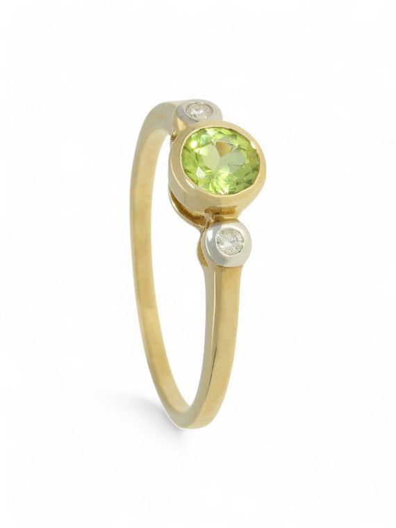 Peridot & Diamond Three Stone Ring in 9ct Yellow Gold