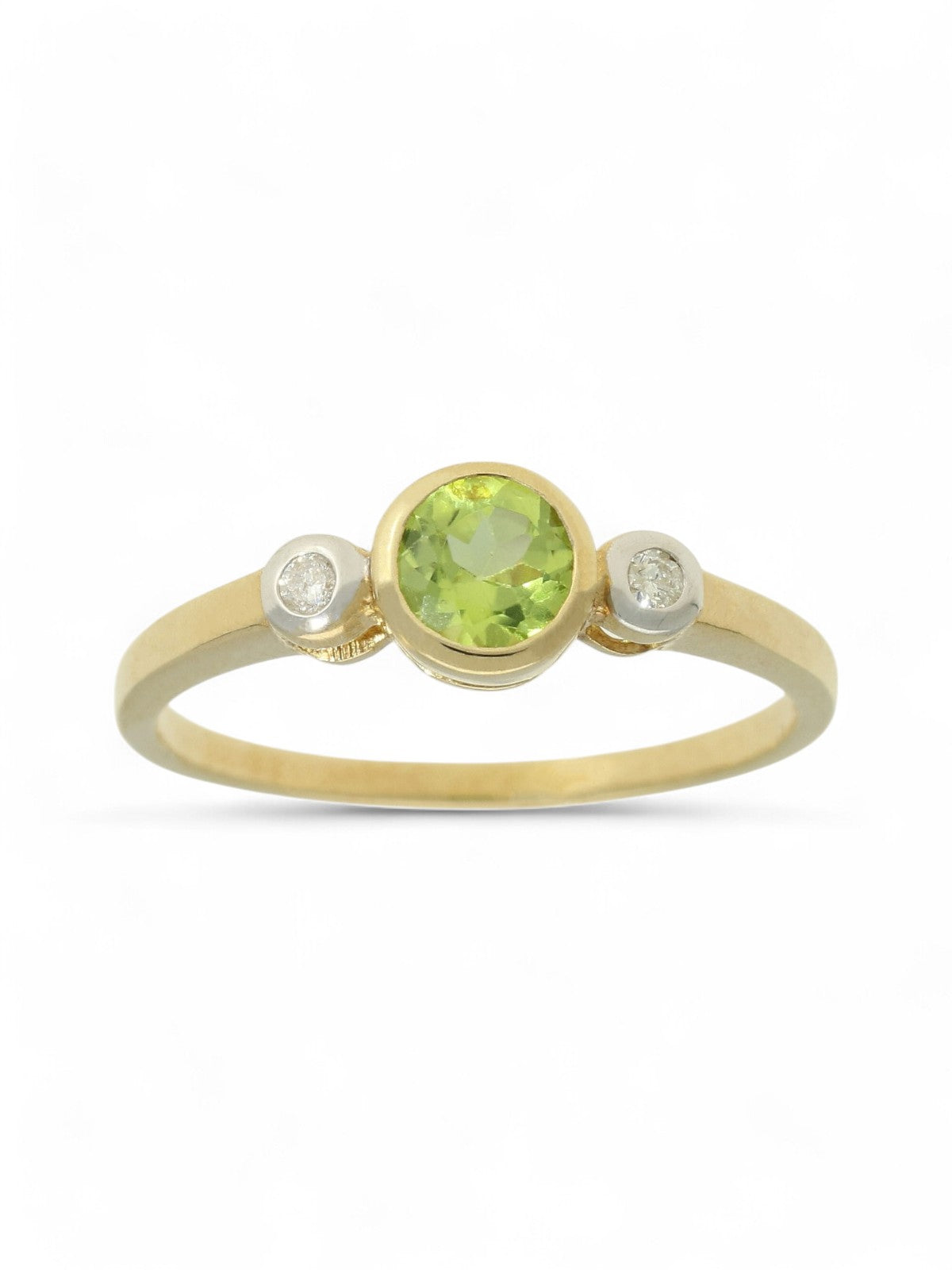 Peridot & Diamond Three Stone Ring in 9ct Yellow Gold