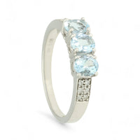 Aquamarine Three Stone Ring with Diamond Set Shoulders in 9ct White Gold
