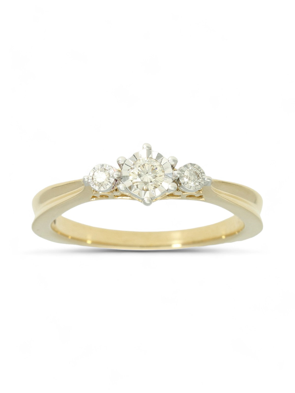 Diamond Three Stone Miracle Plate Ring 0.15ct Round Brilliant Cut in 9ct Yellow Gold