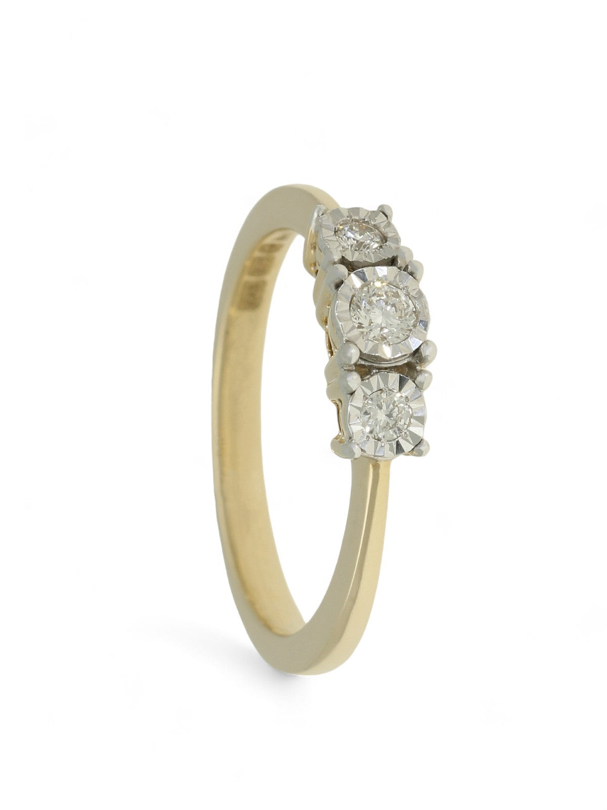 Diamond Three Stone Miracle Plate Ring 0.15ct Round Brilliant Cut in 9ct Yellow & White Gold