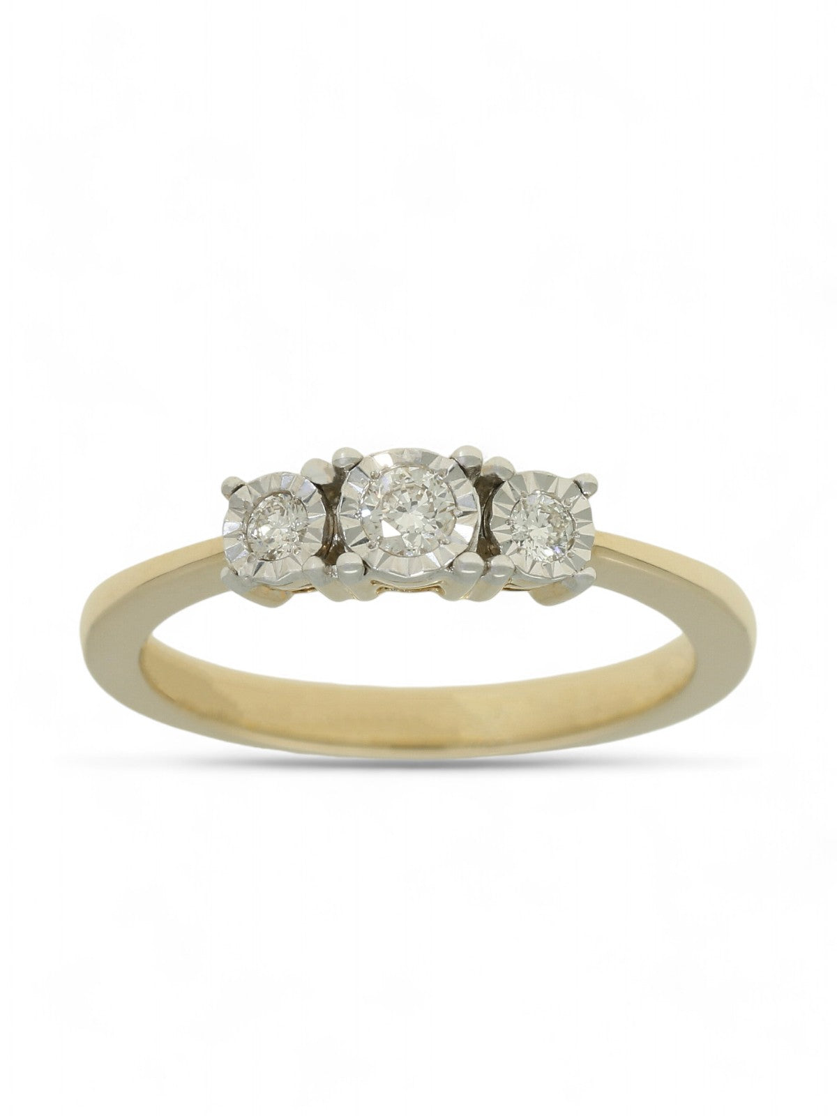 Diamond Three Stone Miracle Plate Ring 0.15ct Round Brilliant Cut in 9ct Yellow & White Gold