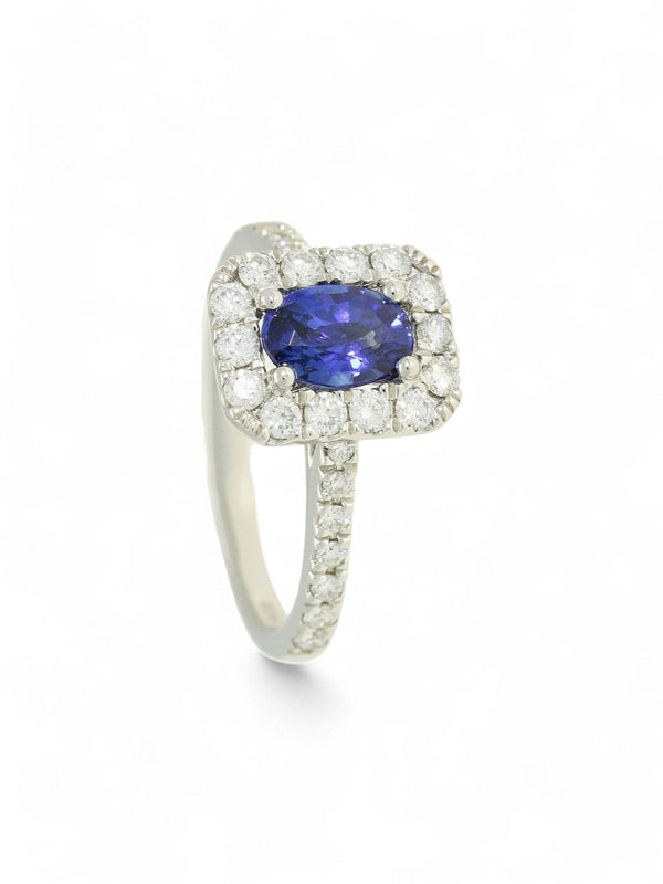 Sapphire & Diamond Cluster Ring in 18ct White Gold with Diamond Shoulders