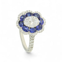 Sapphire & Diamond Cluster Ring in 18ct White Gold with Diamond Set Shoulders