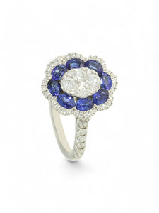 Sapphire & Diamond Cluster Ring in 18ct White Gold with Diamond Set Shoulders