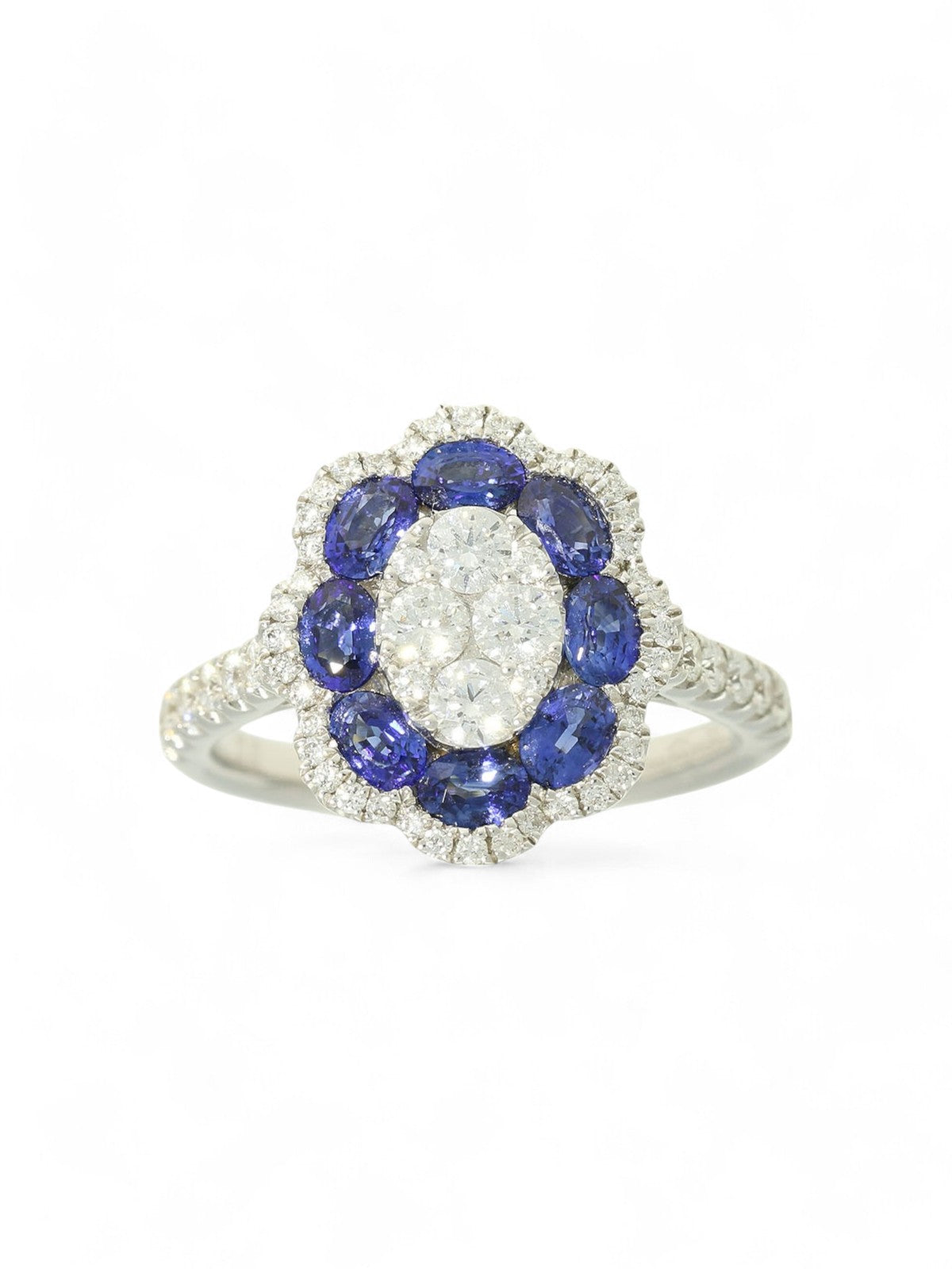 Sapphire & Diamond Cluster Ring in 18ct White Gold with Diamond Set Shoulders