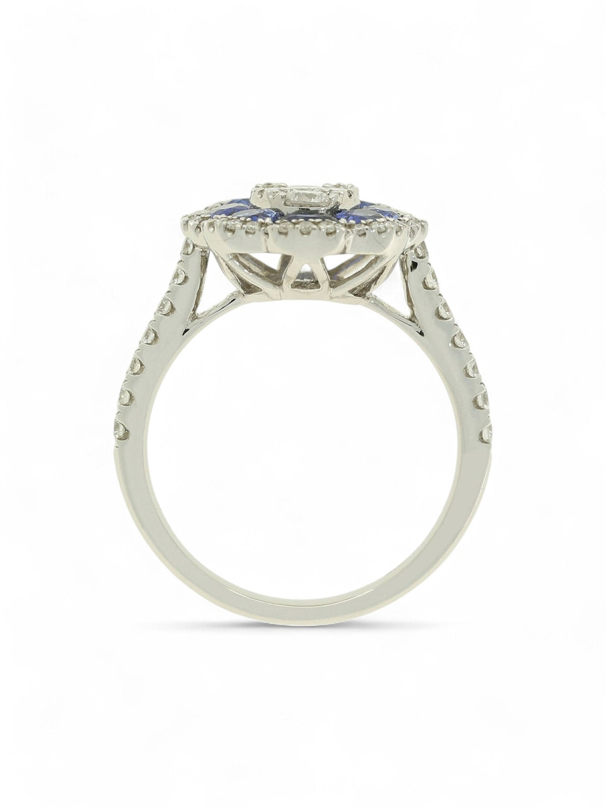 Sapphire & Diamond Cluster Ring in 18ct White Gold with Diamond Set Shoulders