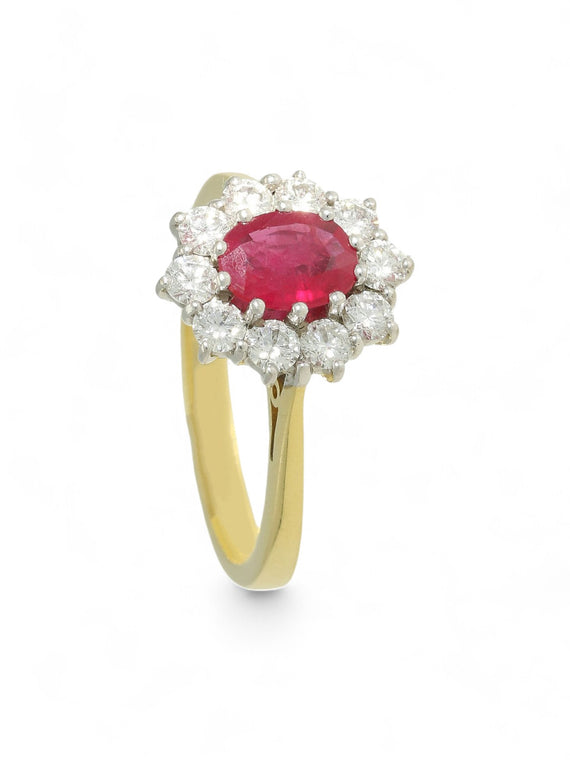 Pre Owned Ruby & Diamond Cluster Ring in 18ct Yellow & White Gold