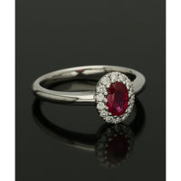 Ruby & Diamond Oval Halo Ring in 18ct White Gold