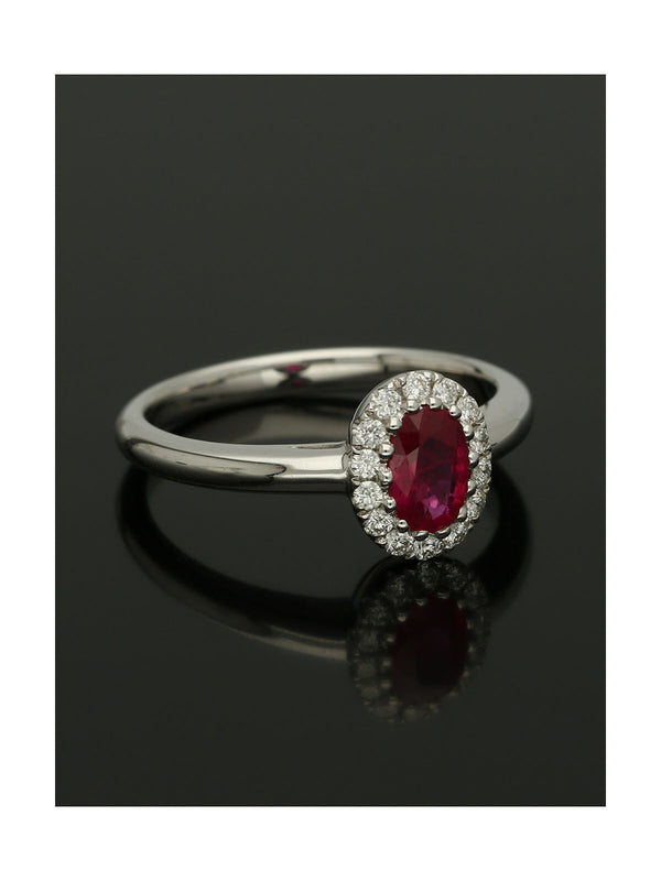 Ruby & Diamond Oval Halo Ring in 18ct White Gold