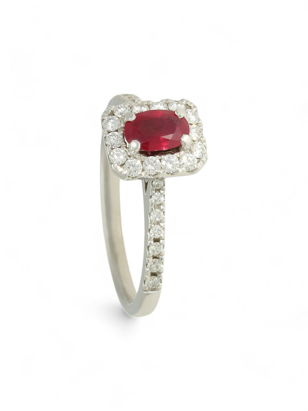 Ruby & Diamond Cluster Ring in 18ct White Gold with Diamond Set Shoulders