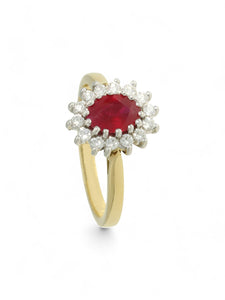 Ruby & Diamond Oval Cut Cluster Ring in 18ct Yellow & White Gold