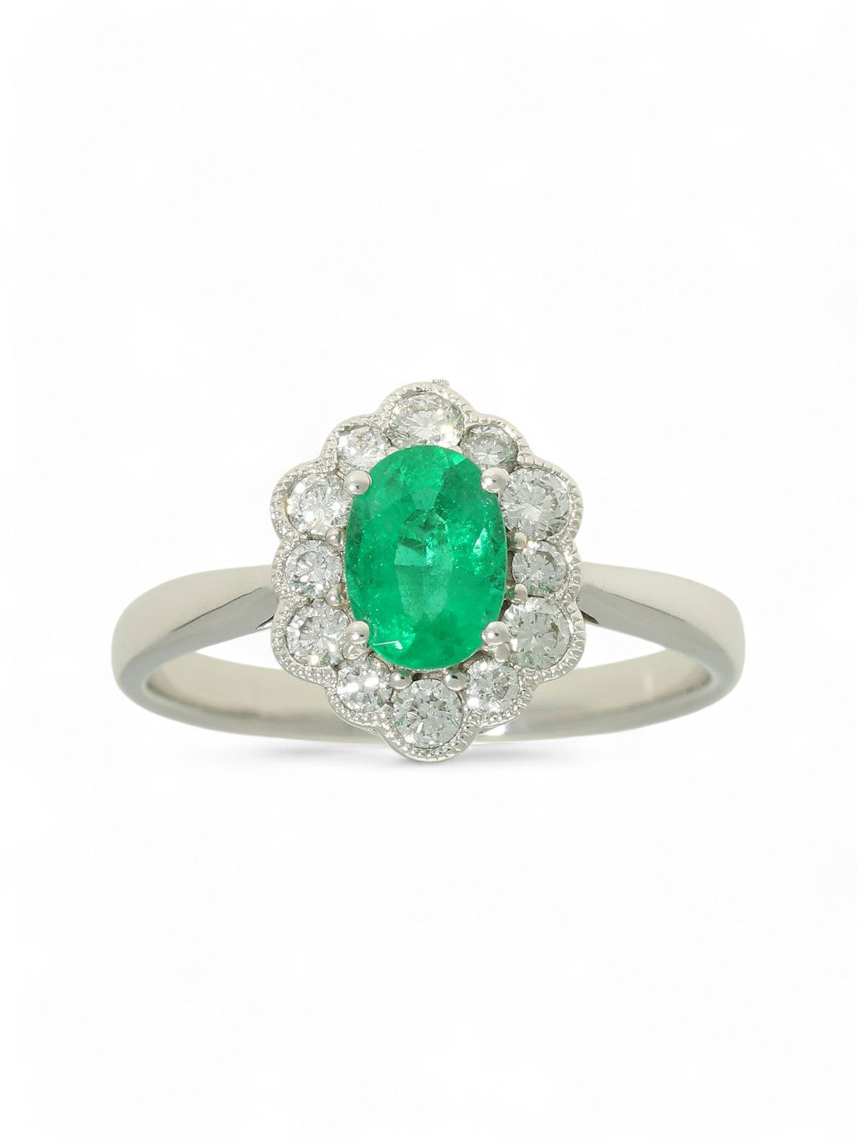 Emerald & Diamond Cluster Ring Oval Cut in 18ct White Gold