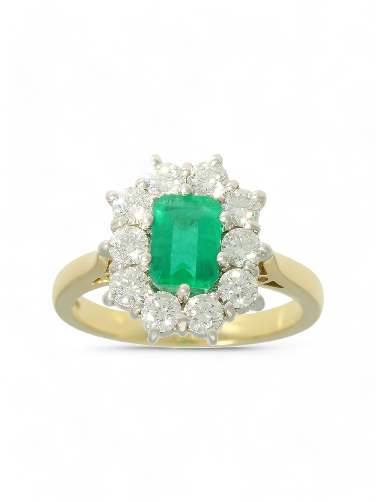 Emerald & Diamond Emerald Cut Cluster Ring in 18ct Yellow & White Gold