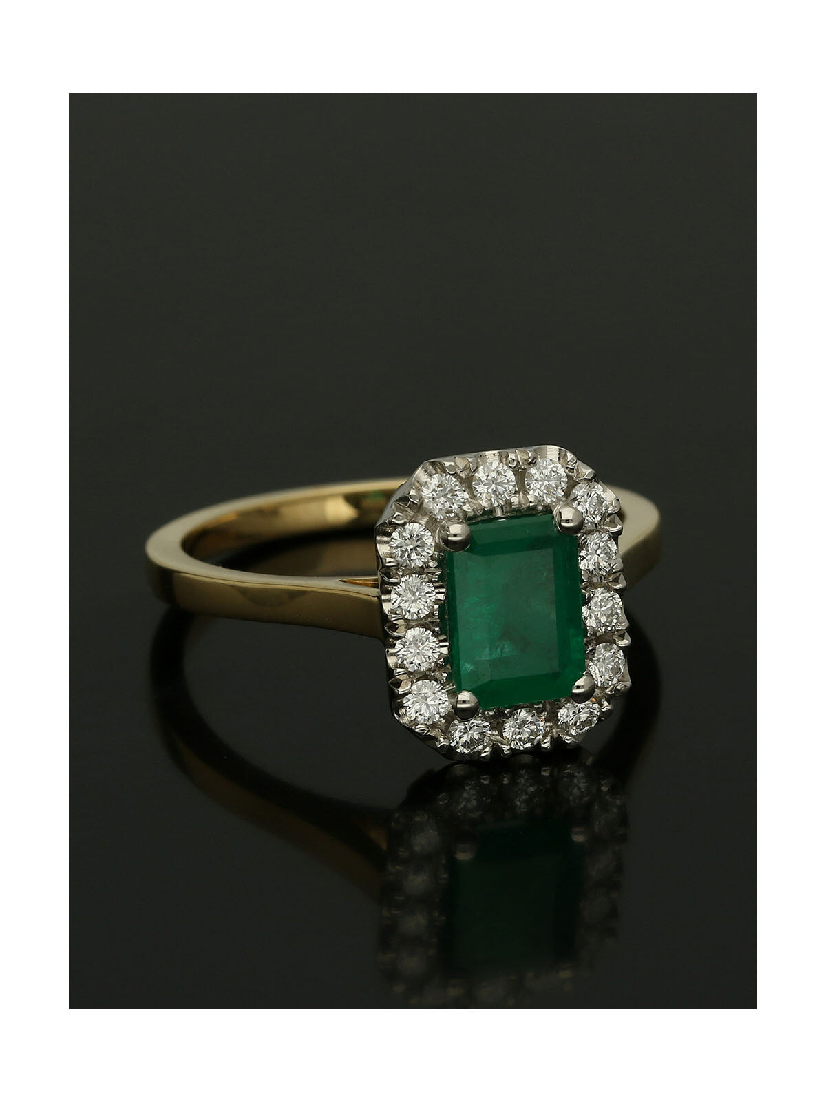 Emerald & Diamond Emerald Cut Halo Ring in 18ct Yellow & White Gold