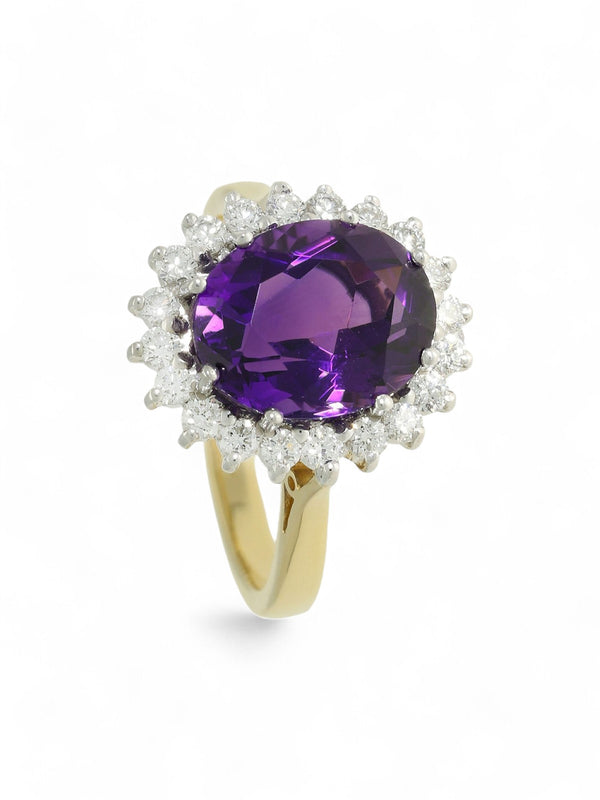 Amethyst & Diamond Cluster Ring in 18ct Yellow & White Gold