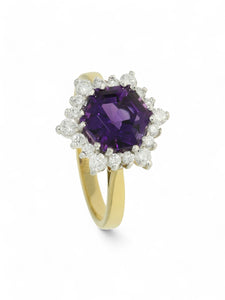 Amethyst & Diamond Cluster Ring in 18ct Yellow & White Gold