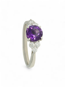 Amethyst & Diamond Trefoil Ring in 18ct White Gold