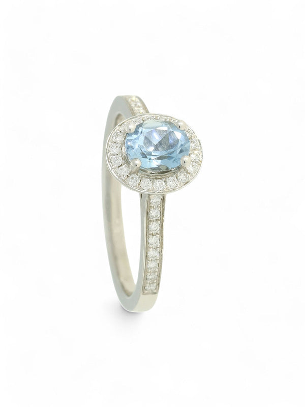 Aquamarine & Diamond Cluster Ring in 18ct White Gold with Diamond Set Shoulders