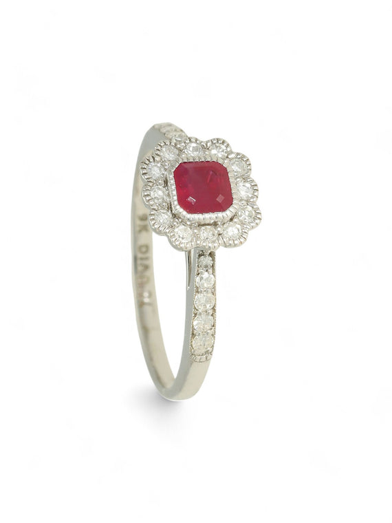 Ruby & Diamond Cluster Ring in 9ct White Gold