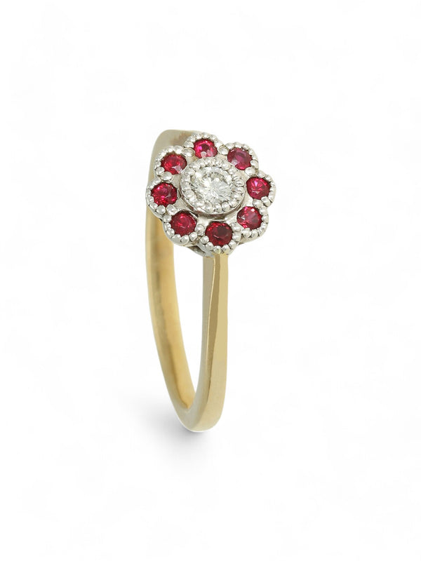 Ruby & Diamond Cluster Ring in 9ct Yellow & White Gold