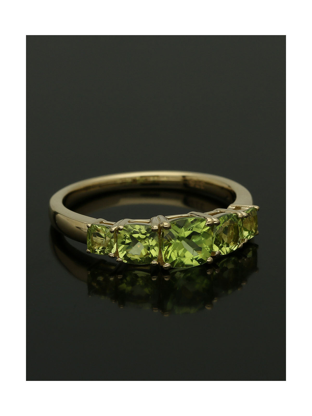 Peridot Cushion Cut Five Stone Ring in 9ct Yellow Gold