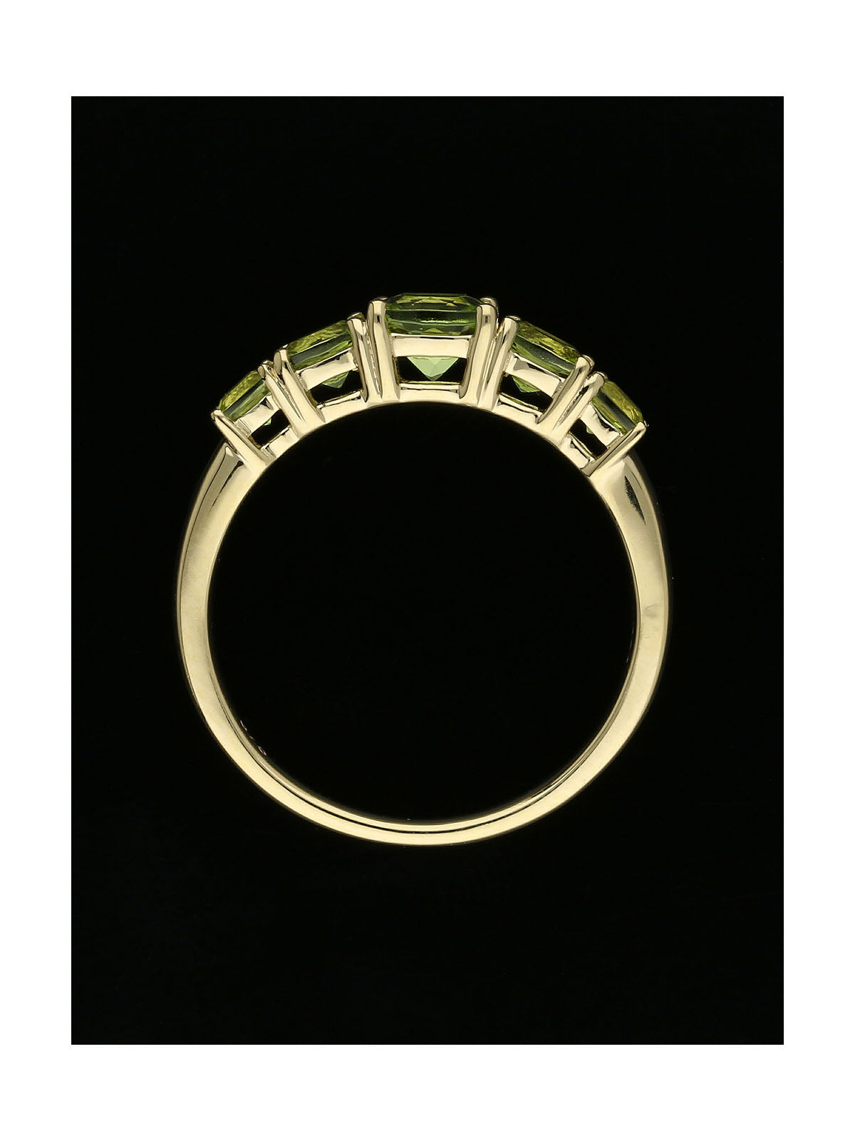 Peridot Cushion Cut Five Stone Ring in 9ct Yellow Gold