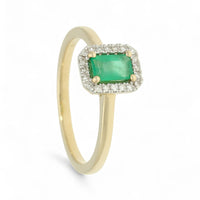 Emerald & Diamond Emerald Cut Halo Ring in 9ct Yellow Gold