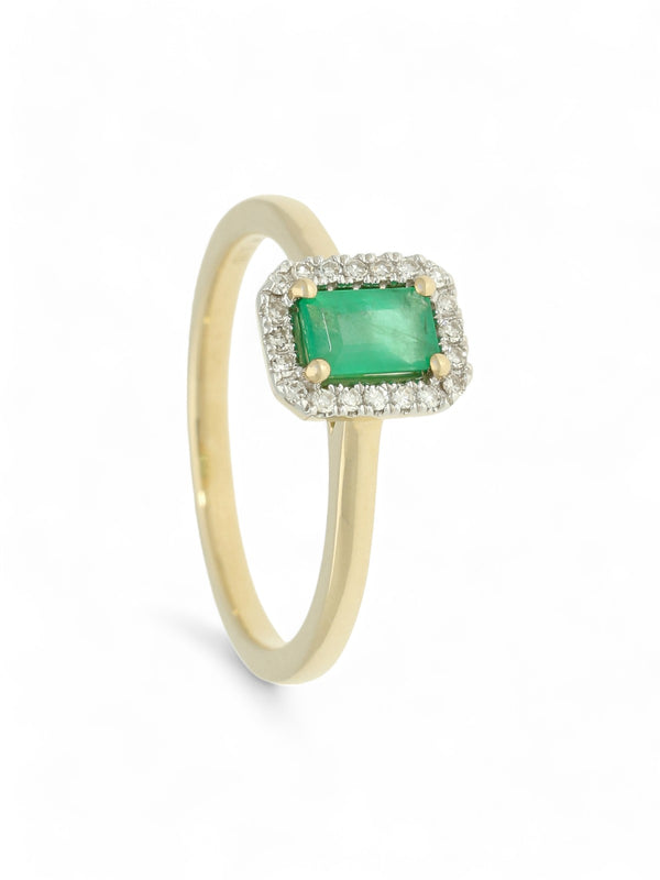 Emerald & Diamond Emerald Cut Halo Ring in 9ct Yellow Gold