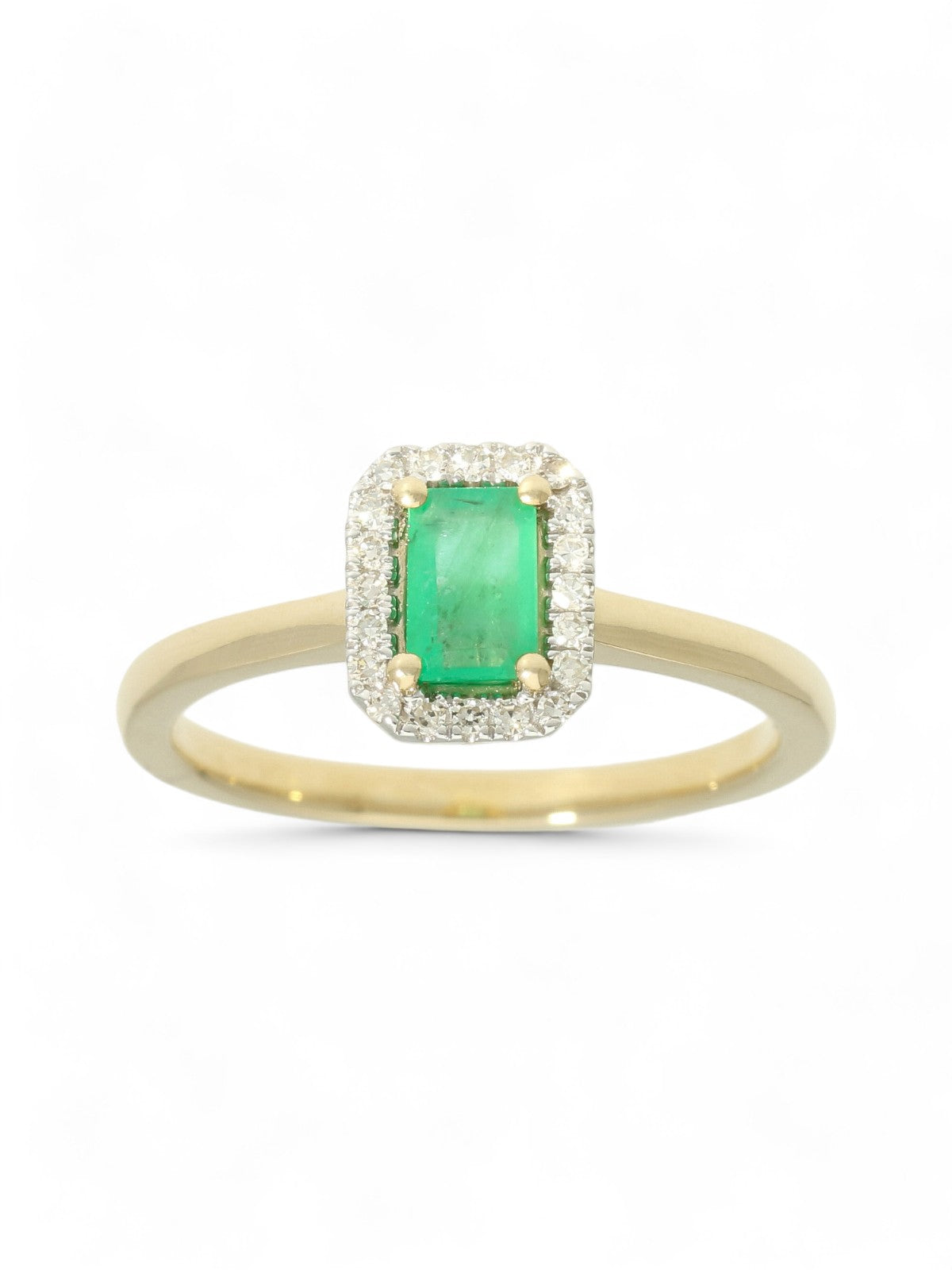 Emerald & Diamond Emerald Cut Halo Ring in 9ct Yellow Gold