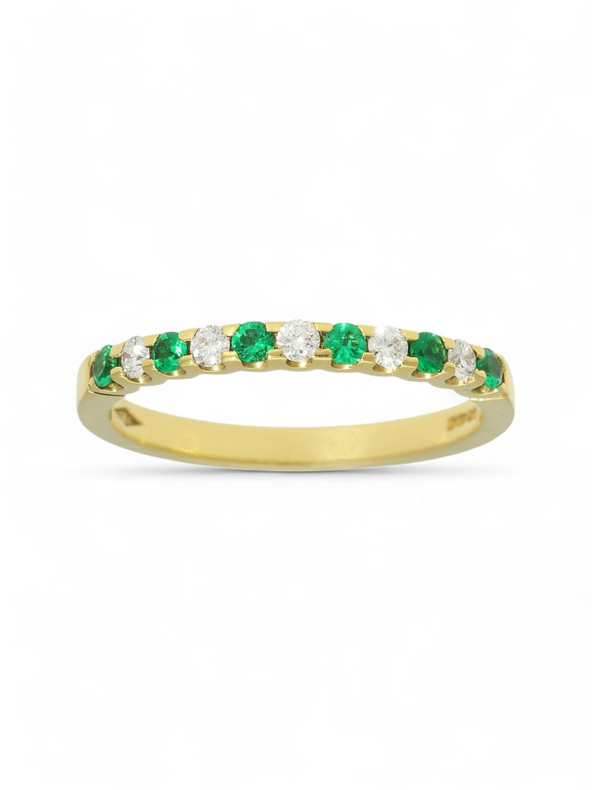 Emerald & Diamond Half Eternity Ring Round Brilliant Cut in 18ct Yellow Gold