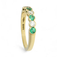 Emerald & Diamond Half Eternity Ring Round Brilliant Cut in 18ct Yellow Gold