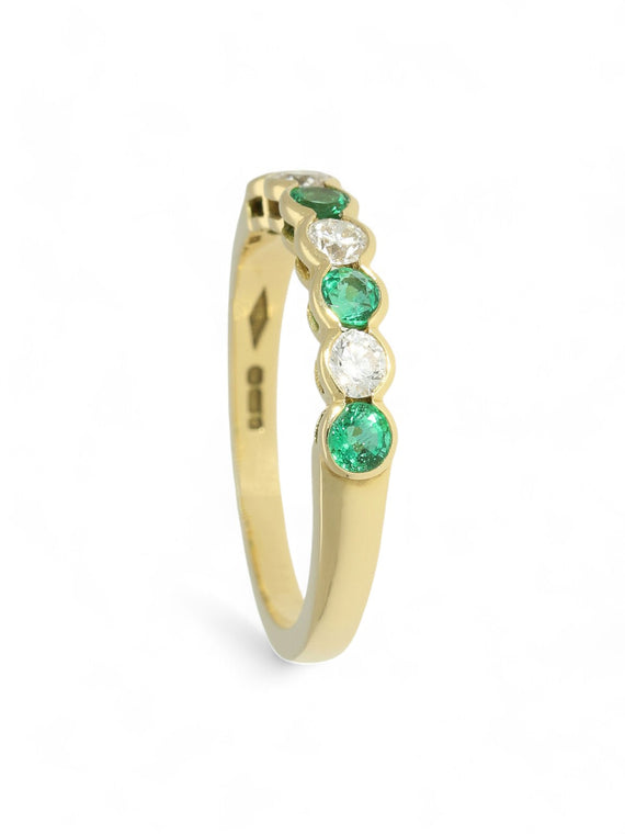 Emerald & Diamond Half Eternity Ring Round Brilliant Cut in 18ct Yellow Gold