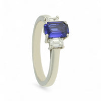 Sapphire & Diamond Three Stone Ring Emerald Cut in Platinum