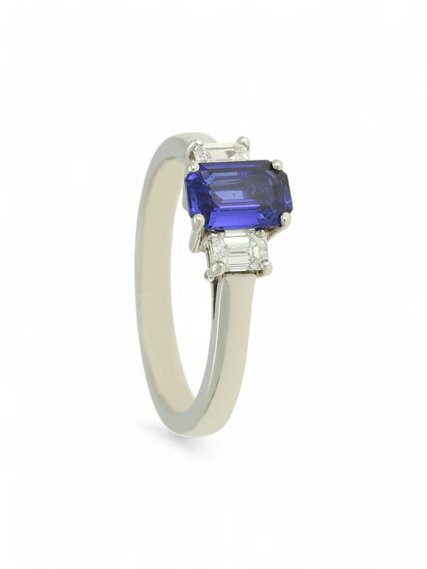 Sapphire & Diamond Three Stone Ring Emerald Cut in Platinum