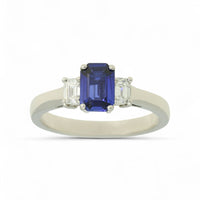 Sapphire & Diamond Three Stone Ring Emerald Cut in Platinum