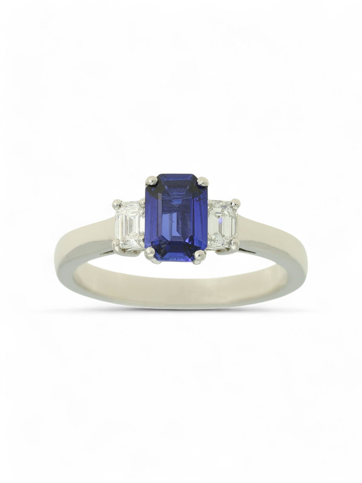 Sapphire & Diamond Three Stone Ring Emerald Cut in Platinum