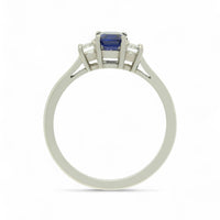 Sapphire & Diamond Three Stone Ring Emerald Cut in Platinum