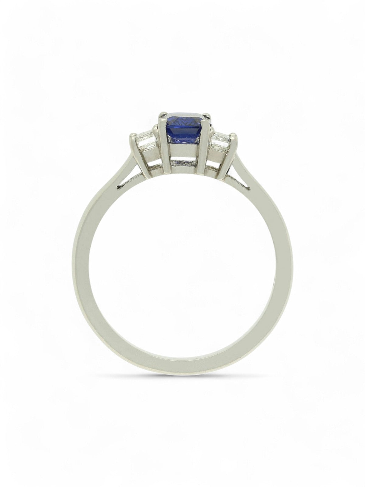 Sapphire & Diamond Three Stone Ring Emerald Cut in Platinum