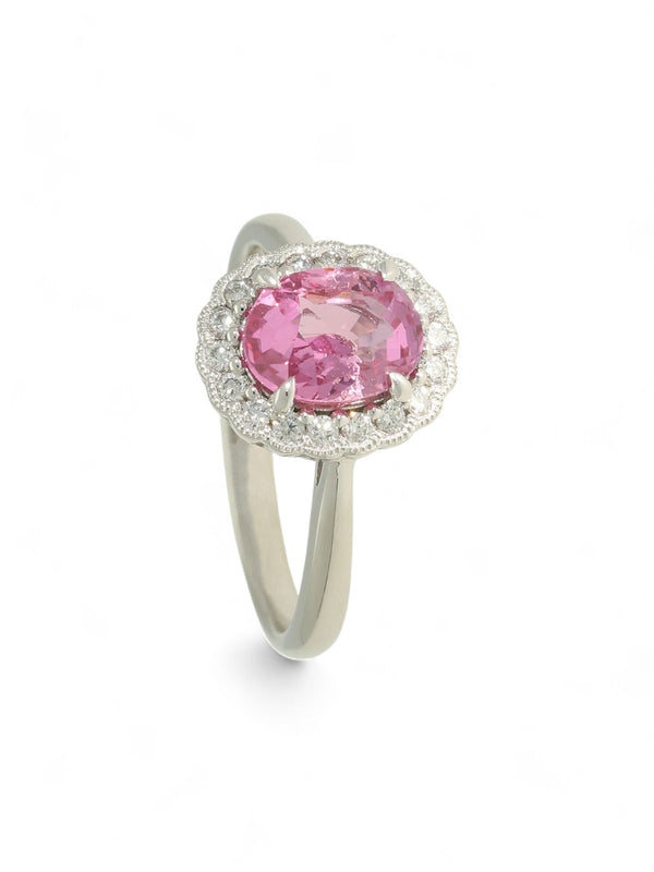 Pink Sapphire & Diamond Oval Cluster Ring in Platinum