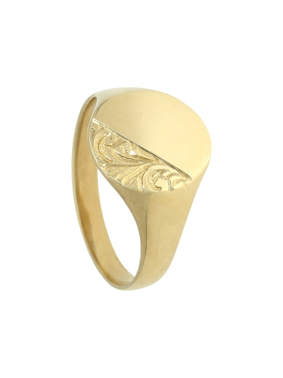 Half Engraved Oval Signet Ring in 9ct Yellow Gold