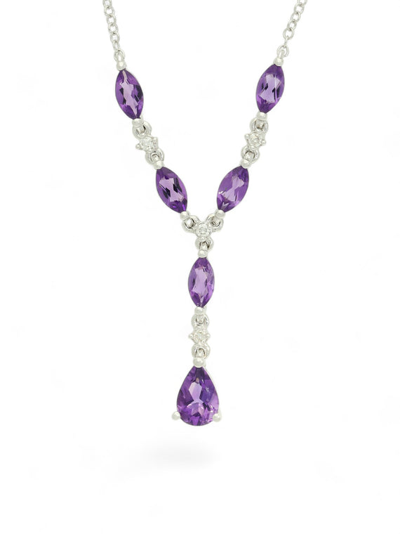 Amethyst & Diamond Marquise Drop Necklace in 9ct White Gold