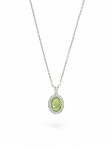 Oval Cabachon Peridot and Diamond Cluster Pendant Necklace in 9ct White Gold