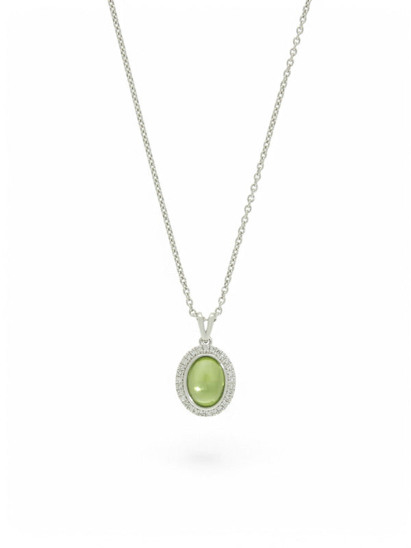 Oval Cabachon Peridot and Diamond Cluster Pendant Necklace in 9ct White Gold