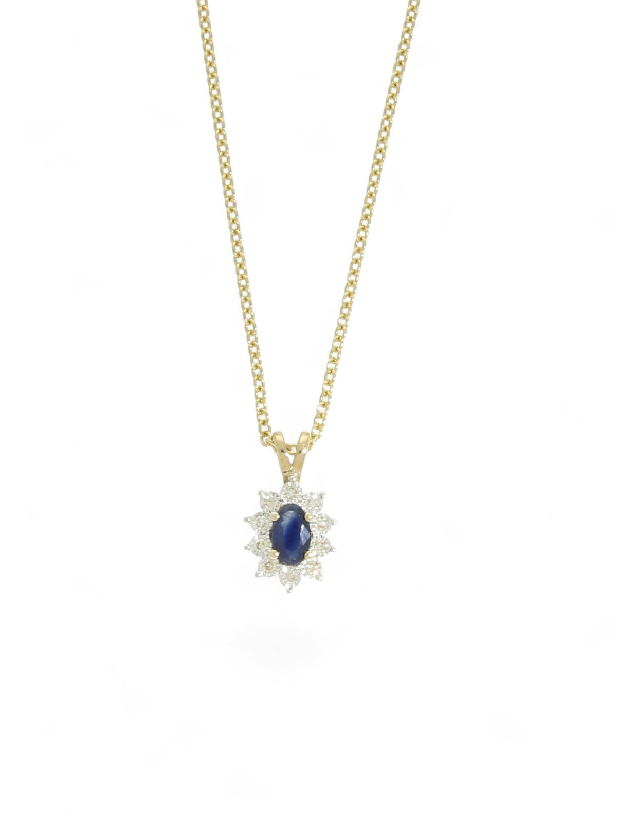 Sapphire & Diamond Cluster Pendant Necklace in 9ct Yellow Gold