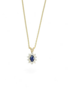 Sapphire & Diamond Cluster Pendant Necklace in 9ct Yellow Gold