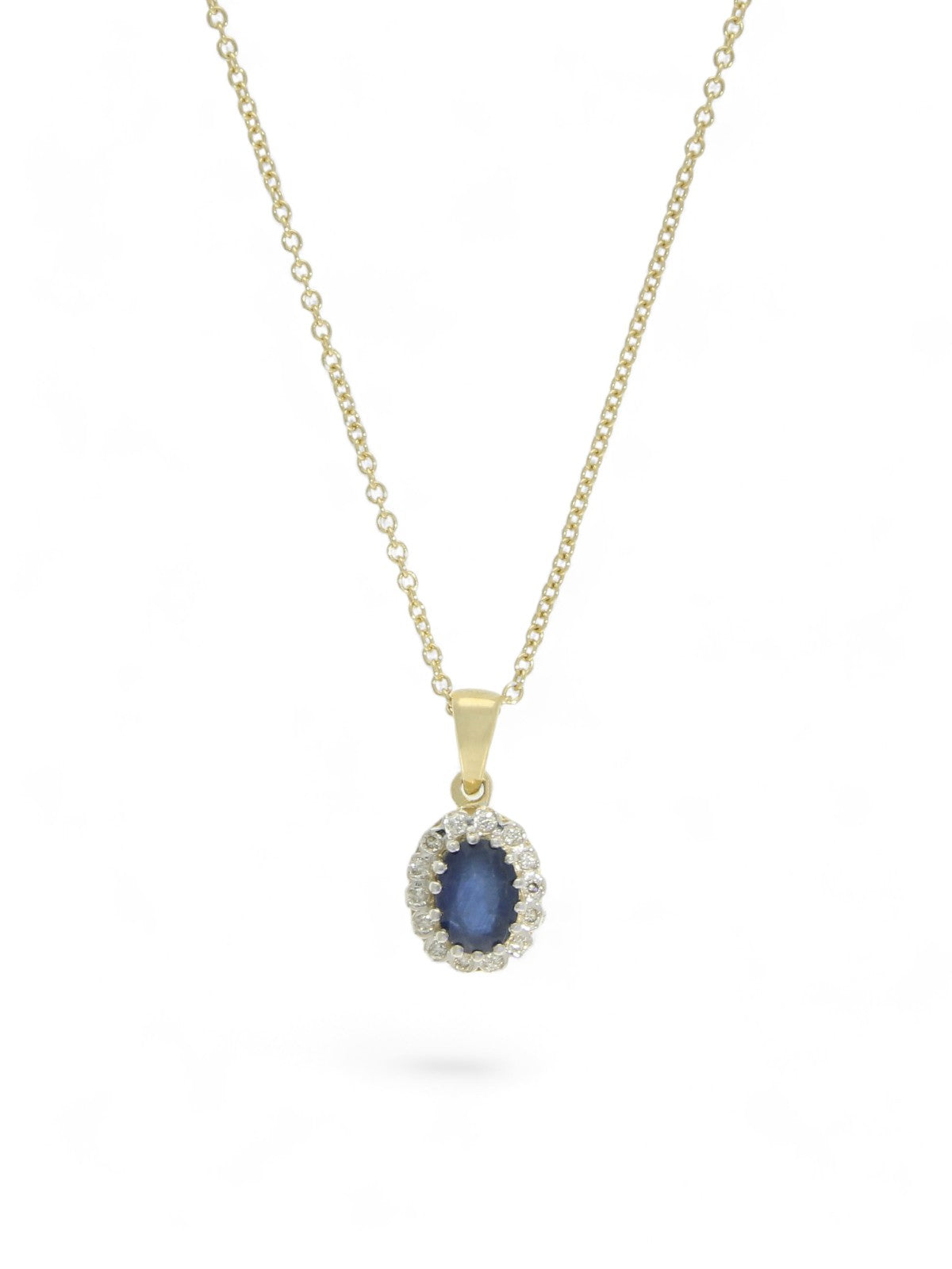 Sapphire & Diamond Oval Halo Cluster Pendant in 9ct Yellow Gold